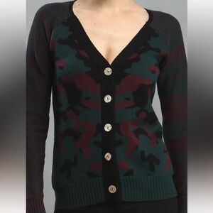 Zoe Couture Large Wool Cashmere Camouflage Cardigan Sweater Red Green Black $395